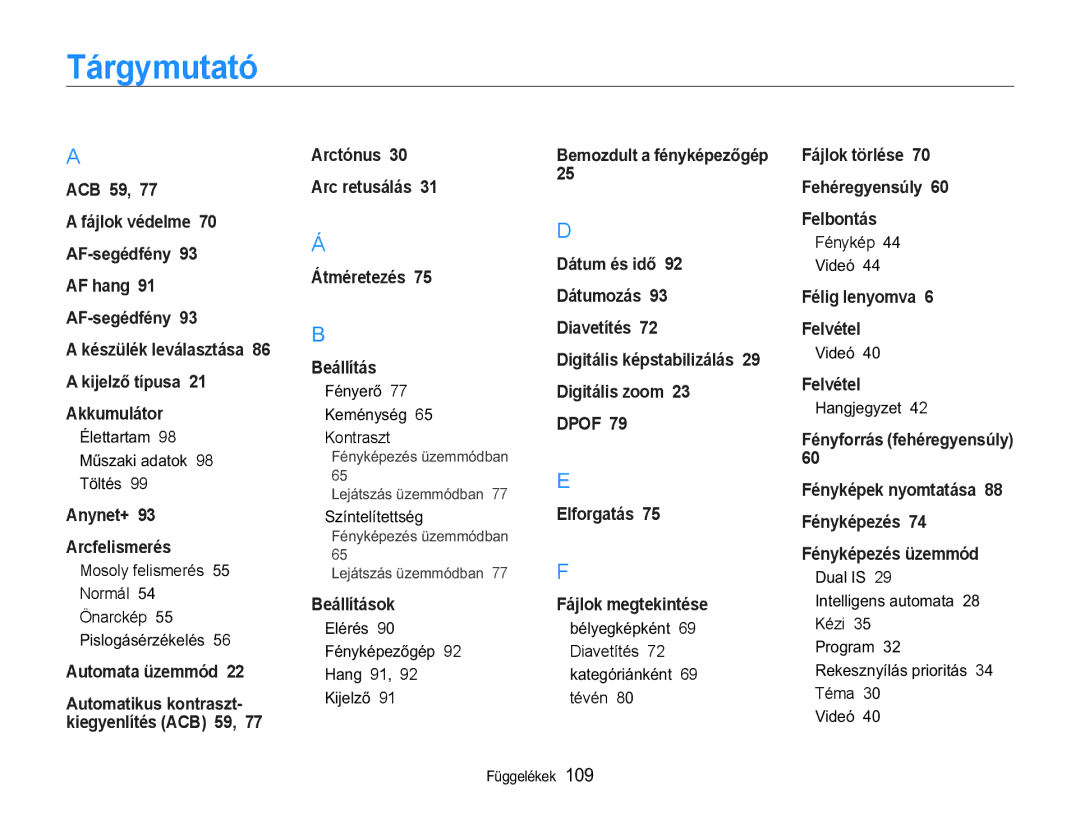 Samsung EC-WB650ZBPBE3, EC-WB650ZBPAE3, EC-WB650ZBPBIT, EC-WB650ZBPBE2 manual Tárgymutató, +DQJMHJ\HW2 