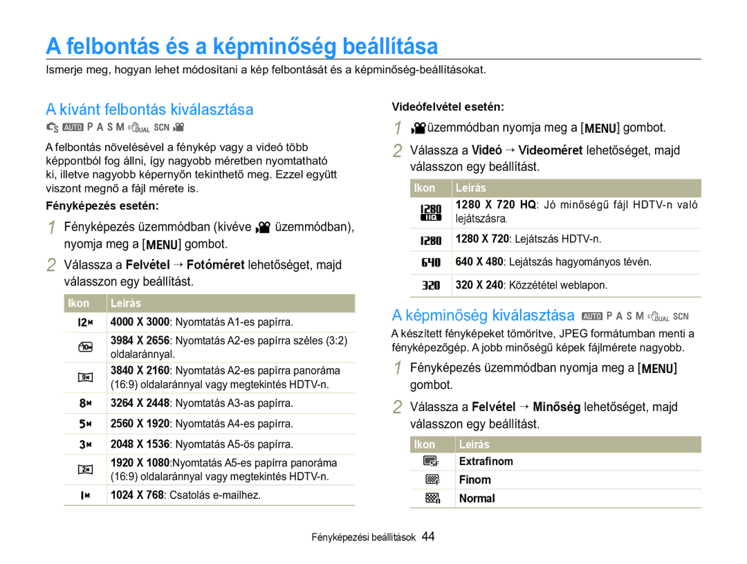 Samsung EC-WB650ZBPBIT, EC-WB650ZBPAE3 manual $IHOERQWiVpVDNpSPLQĘVpJEHiOOtWiVD, Kívánt felbontás kiválasztása, Wud¿Qrp 