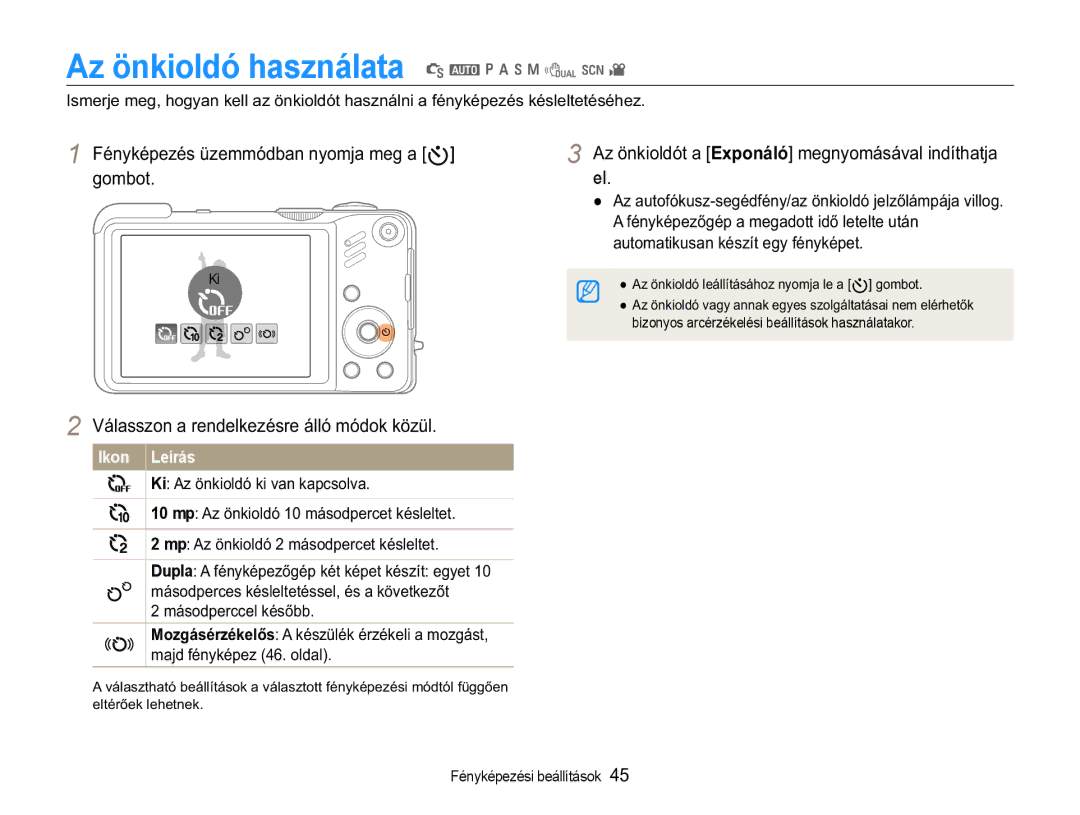 Samsung EC-WB650ZBPBE3, EC-WB650ZBPAE3 manual Az önkioldó használata S a p a h n d s, PQ\NpSHpVHPPyGEDQQ\RPMDPHJDt 