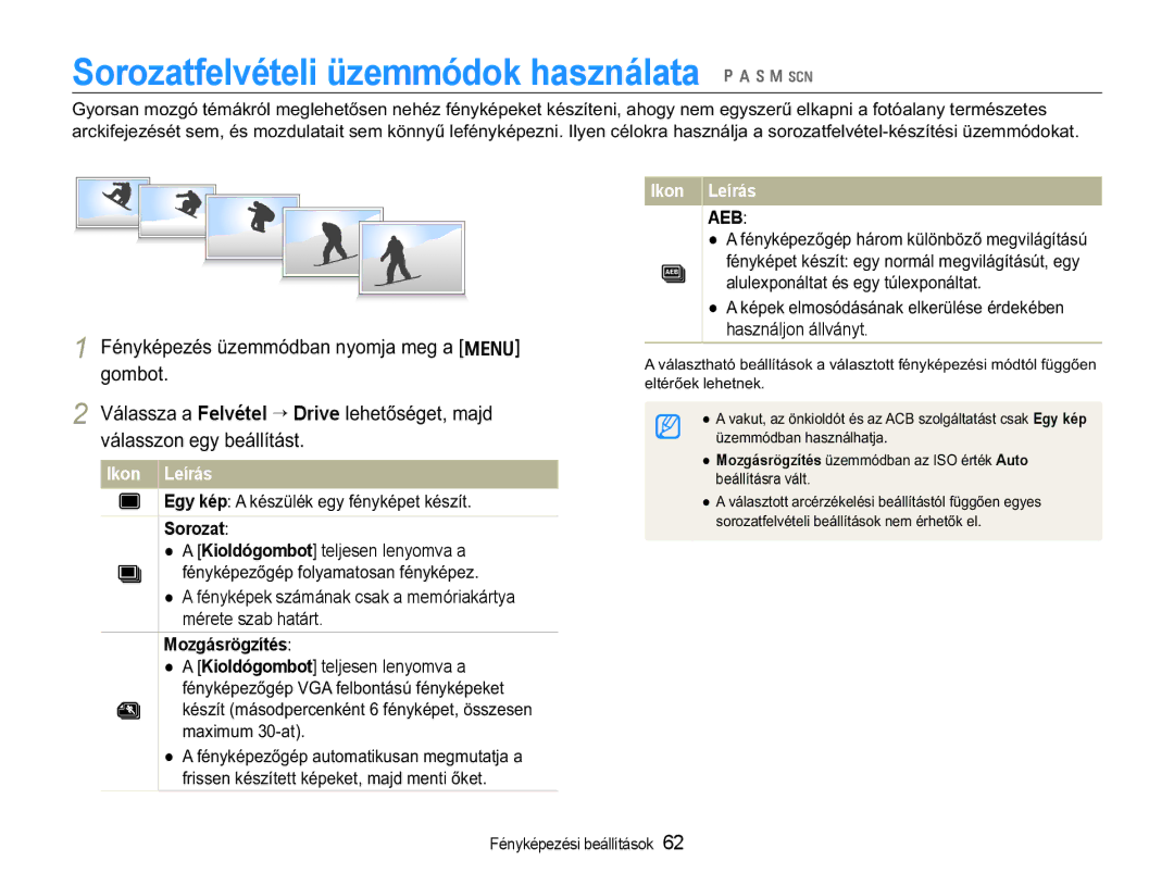 Samsung EC-WB650ZBPBE2 Sorozatfelvételi üzemmódok használata p a h n s, Sorozat, Mozgásrögzítés, PdlpxpDw, Aeb 