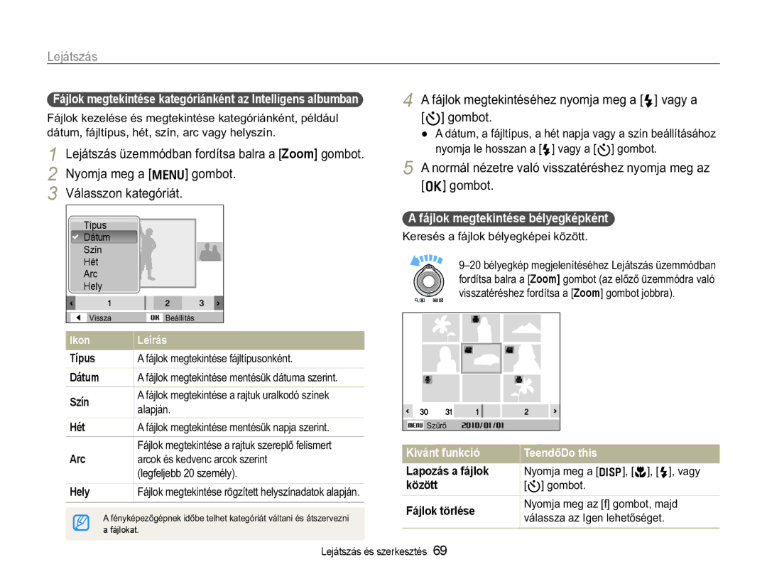 Samsung EC-WB650ZBPBE3 manual Lejátszás, RPMDPHJDm JRPERW 9iODVVRQNDWHJyULiW, Fájlok megtekintése bélyegképként 