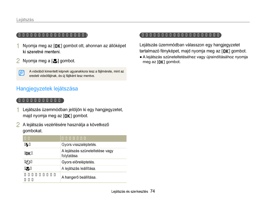 Samsung EC-WB650ZBPBE2, EC-WB650ZBPAE3 +DQJMHJ\HWHNOHMiWViVD, Kép kimentése a lejátszott videóból, Hangjegyzet lejátszása 