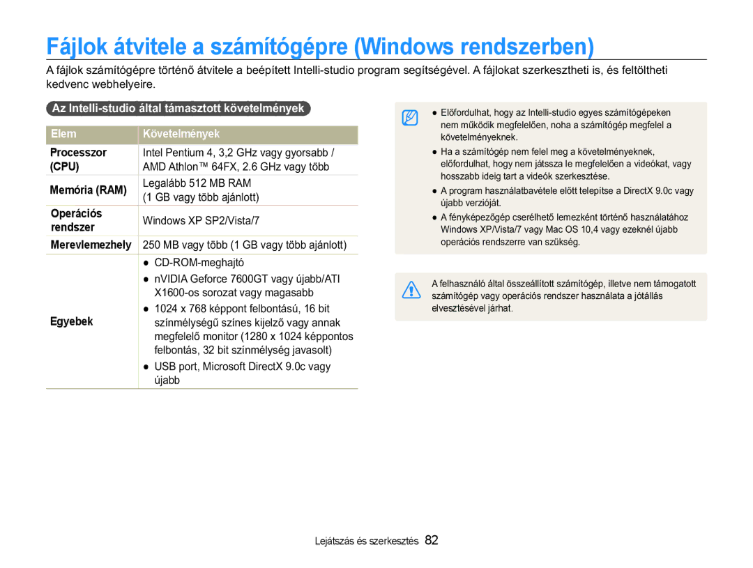 Samsung EC-WB650ZBPBE2 manual Fájlok átvitele a számítógépre Windows rendszerben, Elem Követelmények, Processzor, Cpu 