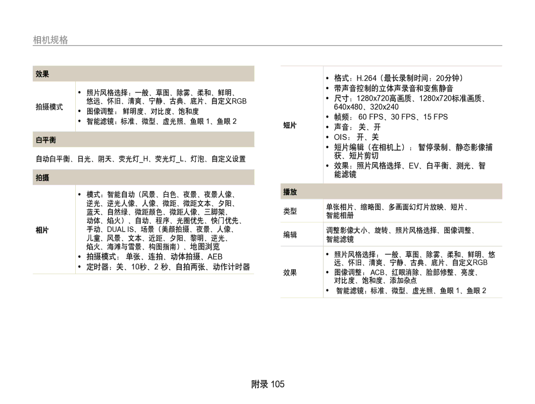 Samsung EC-WB650ZBPBE3, EC-WB650ZBPAE3, EC-WB650ZBPBIT, EC-WB650ZBPBE2 manual 相机规格 