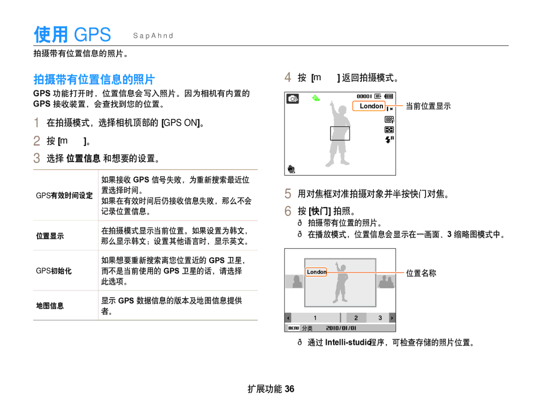 Samsung EC-WB650ZBPBIT, EC-WB650ZBPAE3, EC-WB650ZBPBE3, EC-WB650ZBPBE2 manual 使用 Gps 