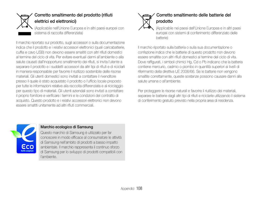 Samsung EC-WB650ZBPAE3, EC-WB650ZBPBE1 manual Corretto smaltimento delle batterie del prodotto, Marchio ecologico di Samsung 