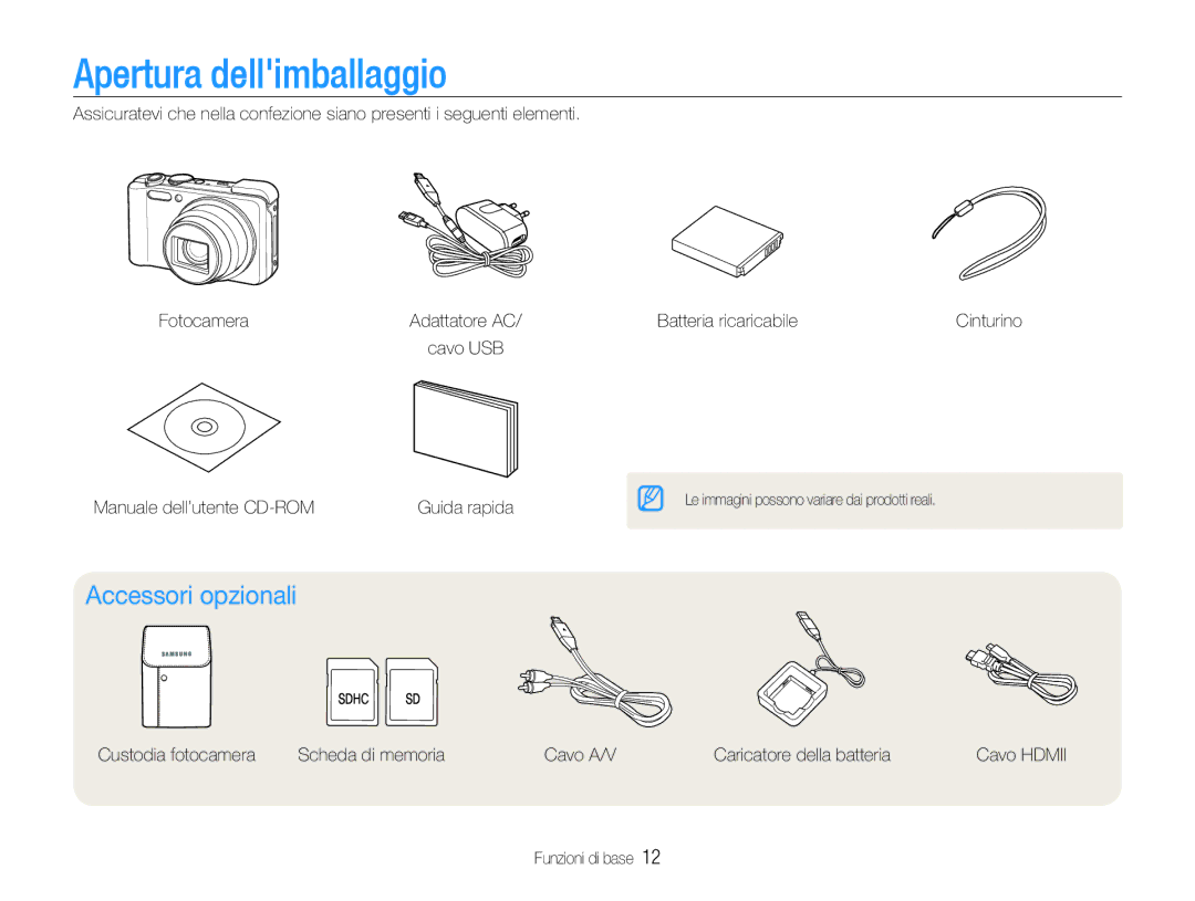 Samsung EC-WB650ZBPAE3 Apertura dellimballaggio, Accessori opzionali, Manuale dell’utente CD-ROM, Batteria ricaricabile 