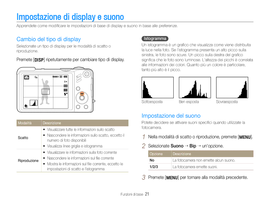 Samsung EC-WB650ZBPBIT, EC-WB650ZBPBE1 Impostazione di display e suono, Cambio del tipo di display, Impostazione del suono 