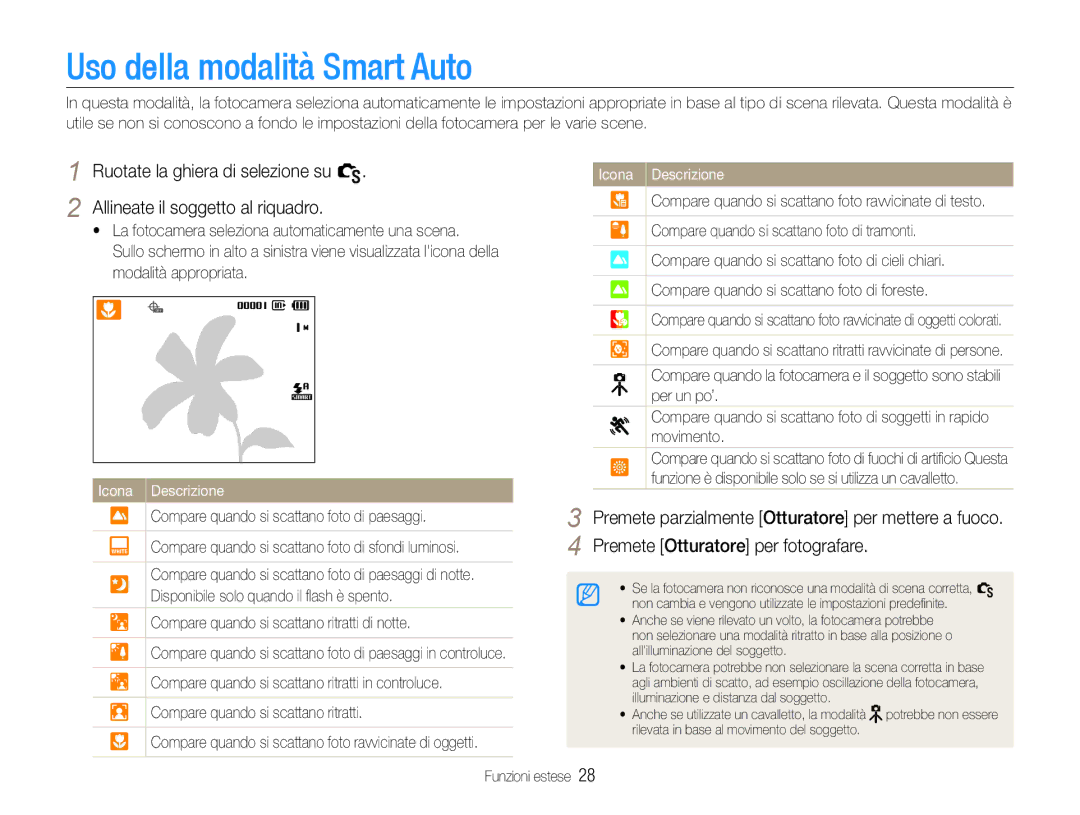 Samsung EC-WB650ZBPAE3 manual Uso della modalità Smart Auto, Compare quando si scattano ritratti di notte, Funzioni estese 