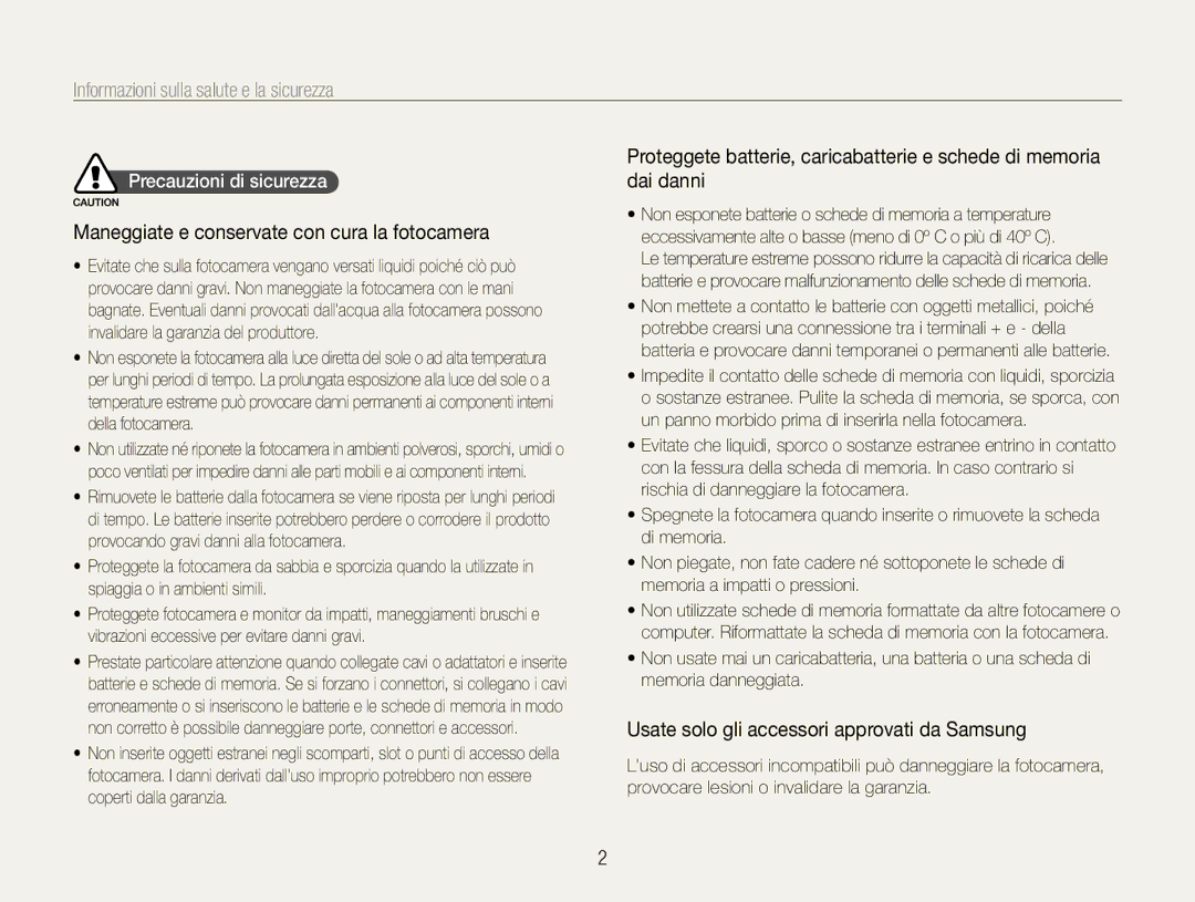 Samsung EC-WB650ZBPAIT manual Informazioni sulla salute e la sicurezza, Maneggiate e conservate con cura la fotocamera 