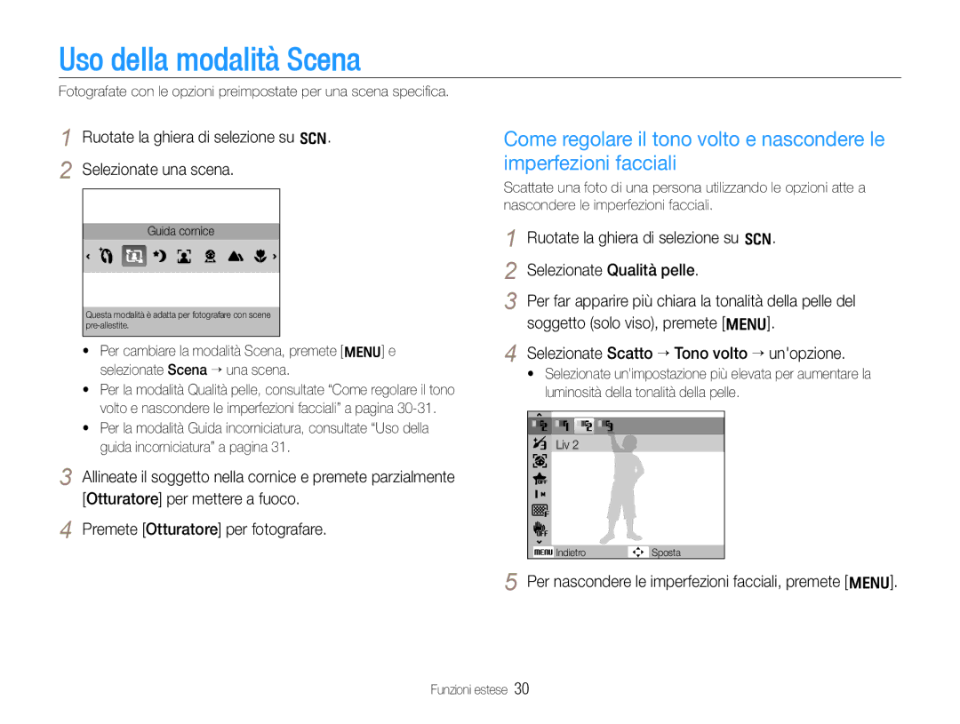 Samsung EC-WB650ZBPAIT, EC-WB650ZBPBE1 Uso della modalità Scena, Ruotate la ghiera di selezione su s Selezionate una scena 