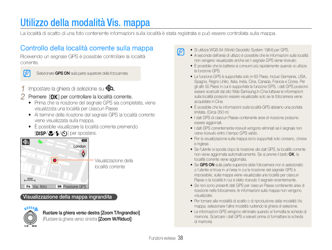 Samsung EC-WB650ZBPAIT manual Controllo della località corrente sulla mappa, Visualizzazione della mappa ingrandita 