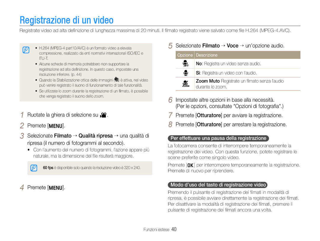 Samsung EC-WB650ZBPAE3 manual Ruotate la ghiera di selezione su Premete m, Selezionate Filmato ¤ Voce ¤unopzione audio 