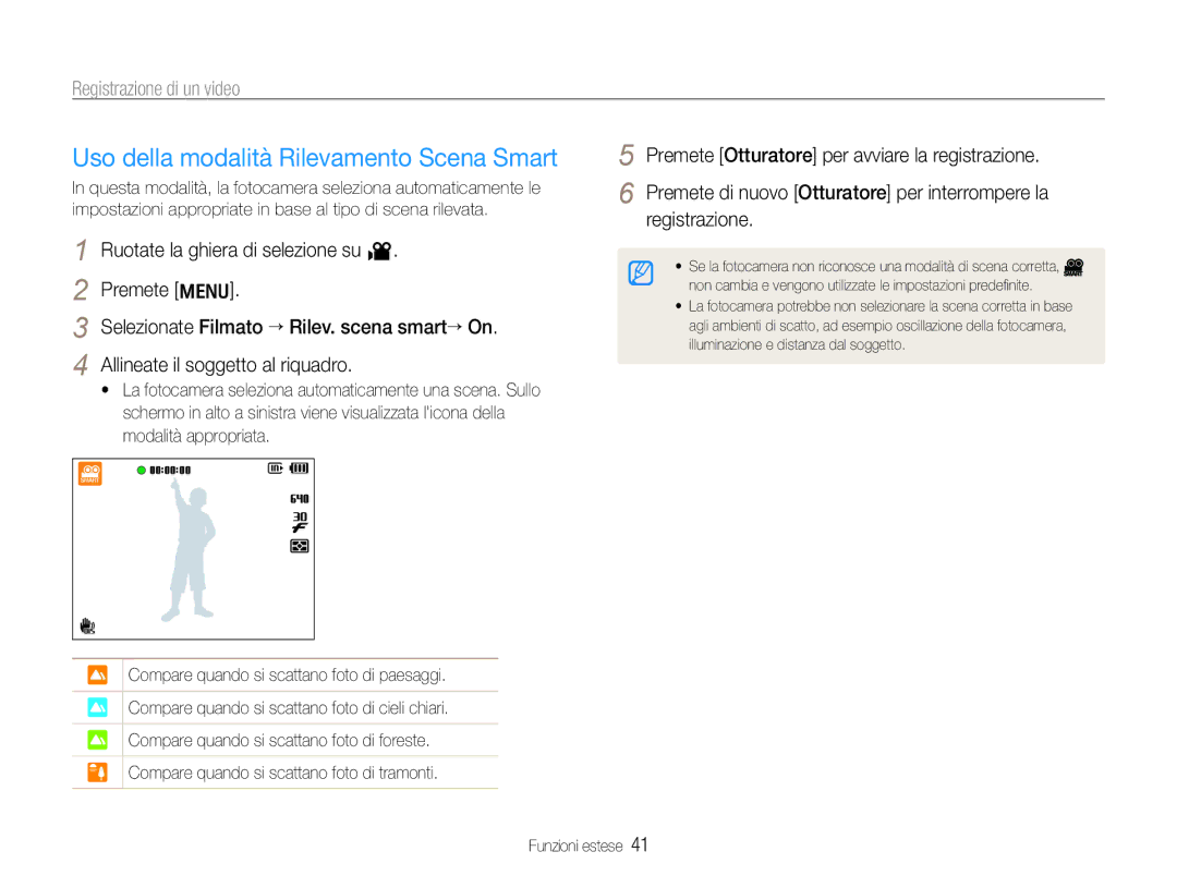 Samsung EC-WB650ZBPBIT, EC-WB650ZBPBE1 manual Uso della modalità Rilevamento Scena Smart, Registrazione di un video 