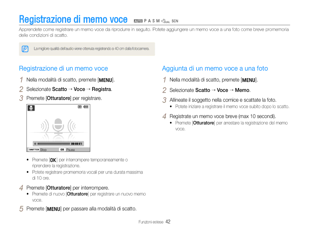 Samsung EC-WB650ZBPAIT, EC-WB650ZBPBE1 manual Registrazione di memo voce a p a h n d s, Registrazione di un memo voce 