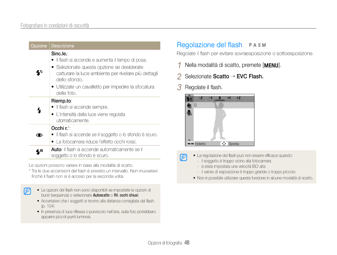 Samsung EC-WB650ZBPAE3, EC-WB650ZBPBE1 manual Regolazione del ﬂash p a h n, Fotografare in condizioni di oscurità, Sinc.le 