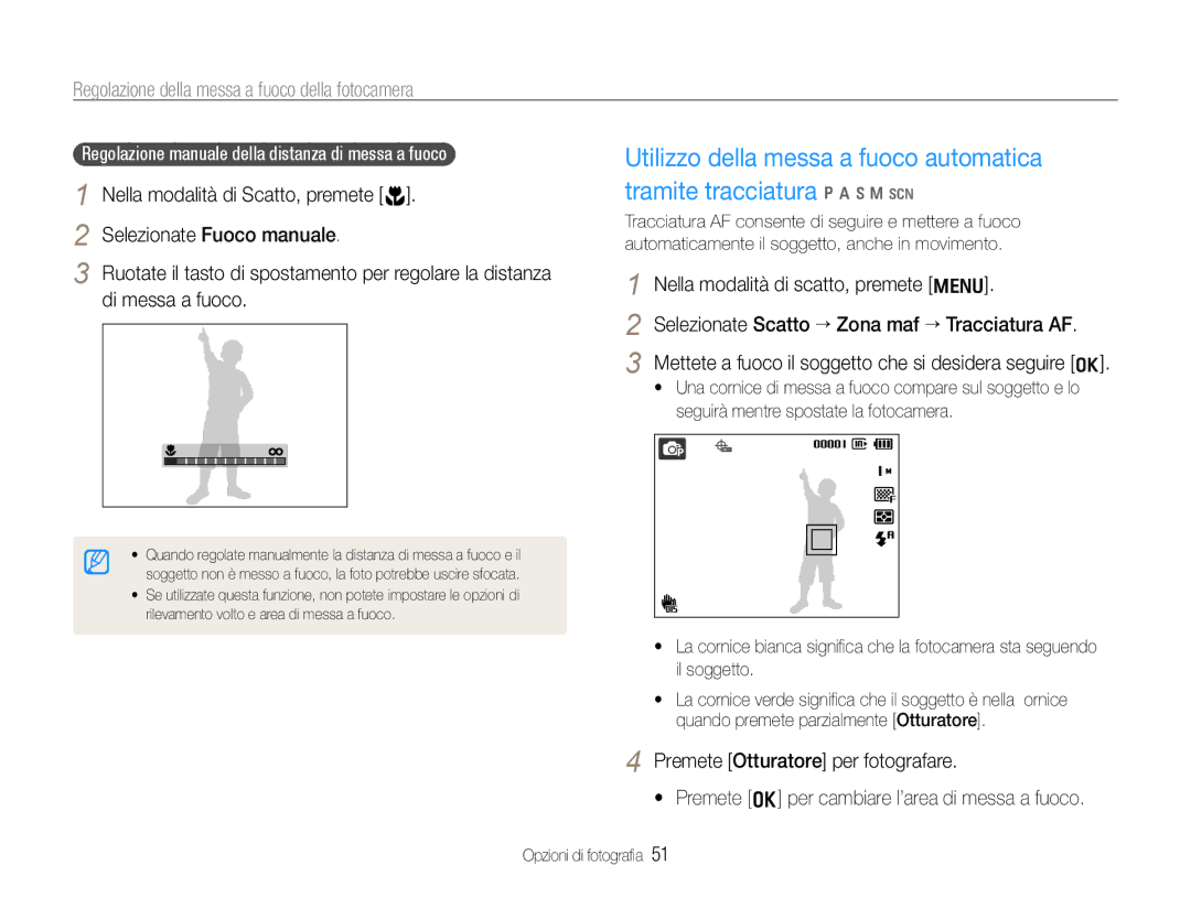 Samsung EC-WB650ZBPBE1, EC-WB650ZBPAE3, EC-WB650ZBPBIT, EC-WB650ZBPAIT manual Regolazione della messa a fuoco della fotocamera 