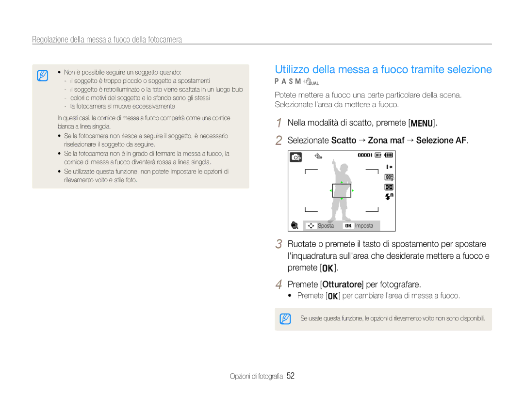 Samsung EC-WB650ZBPAE3 Utilizzo della messa a fuoco tramite selezione,  Premete o per cambiare l’area di messa a fuoco 