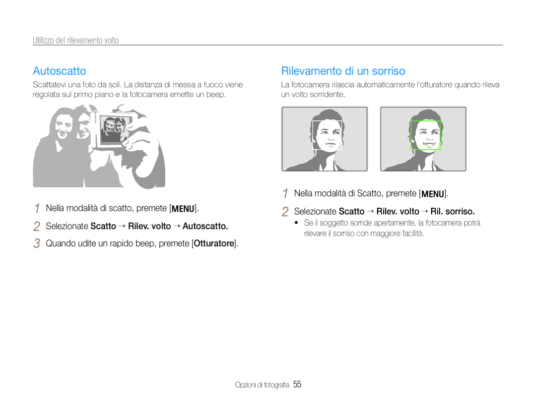 Samsung EC-WB650ZBPBE1, EC-WB650ZBPAE3 manual Autoscatto, Rilevamento di un sorriso, Utilizzo del rilevamento volto 