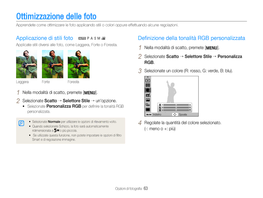 Samsung EC-WB650ZBPBE1, EC-WB650ZBPAE3, EC-WB650ZBPBIT manual Ottimizzazione delle foto, Applicazione di stili foto a p a h n 