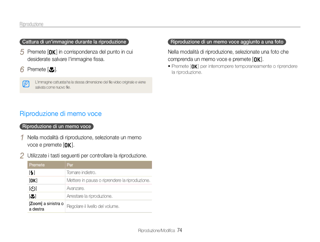 Samsung EC-WB650ZBPAIT, EC-WB650ZBPBE1 manual Riproduzione di memo voce, Cattura di unimmagine durante la riproduzione 