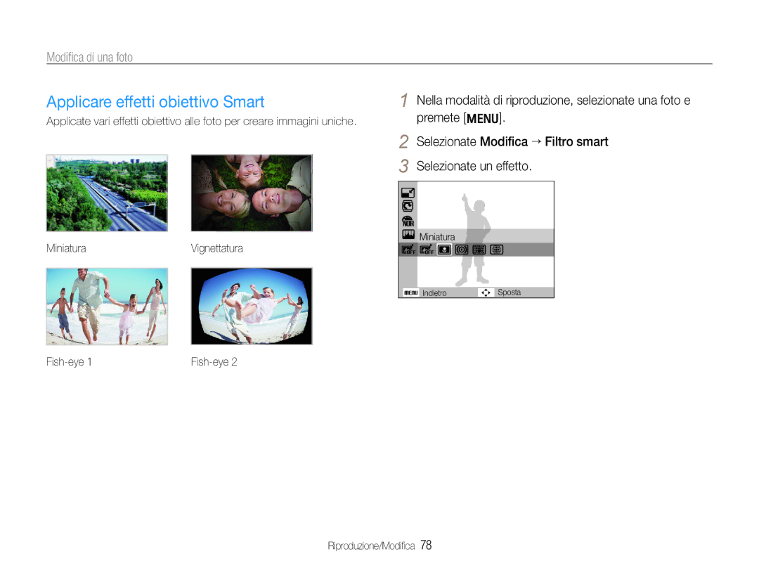 Samsung EC-WB650ZBPAIT, EC-WB650ZBPBE1, EC-WB650ZBPAE3, EC-WB650ZBPBIT manual Applicare effetti obiettivo Smart, Fish-eye 