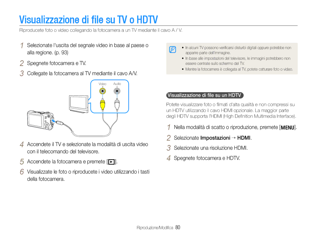 Samsung EC-WB650ZBPAE3, EC-WB650ZBPBE1 manual Visualizzazione di file su TV o Hdtv, Visualizzazione di ﬁle su un Hdtv 