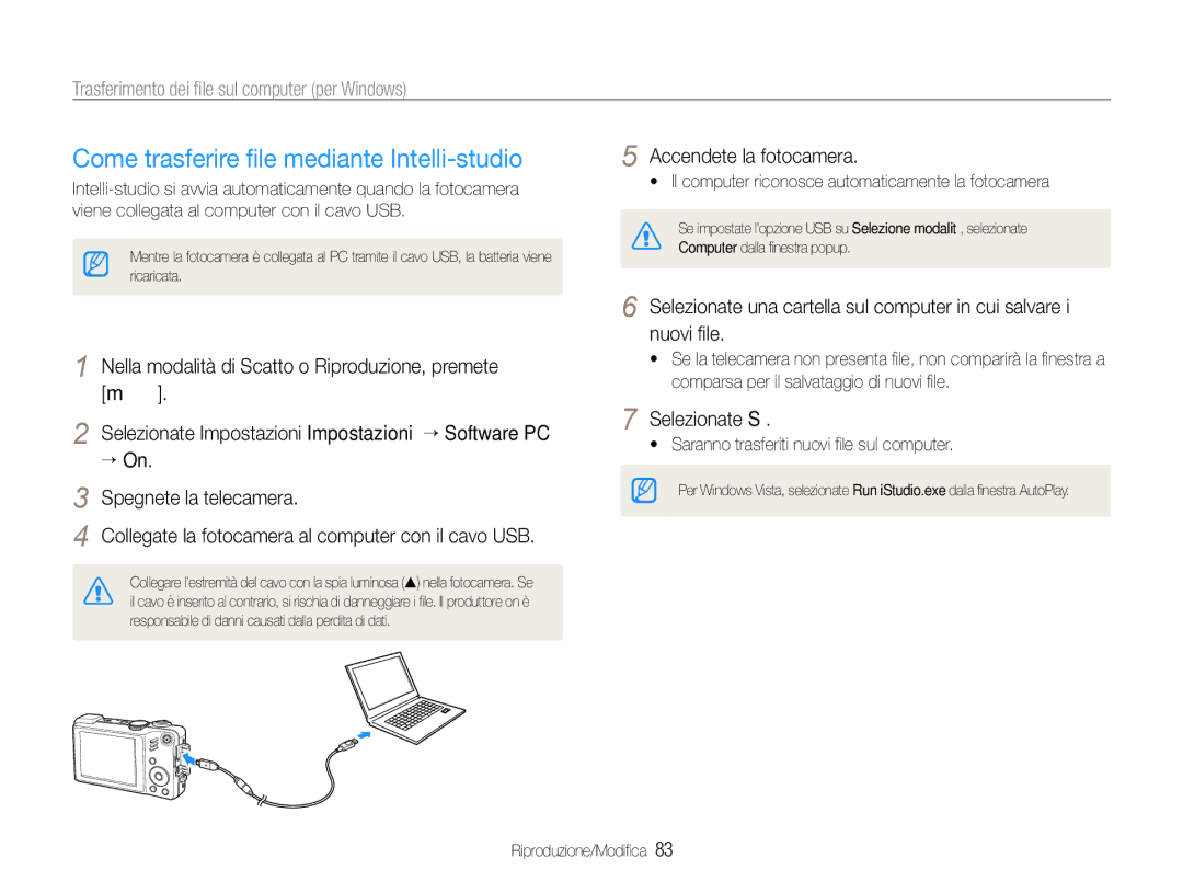 Samsung EC-WB650ZBPBE1 manual Come trasferire ﬁle mediante Intelli-studio, Trasferimento dei ﬁle sul computer per Windows 