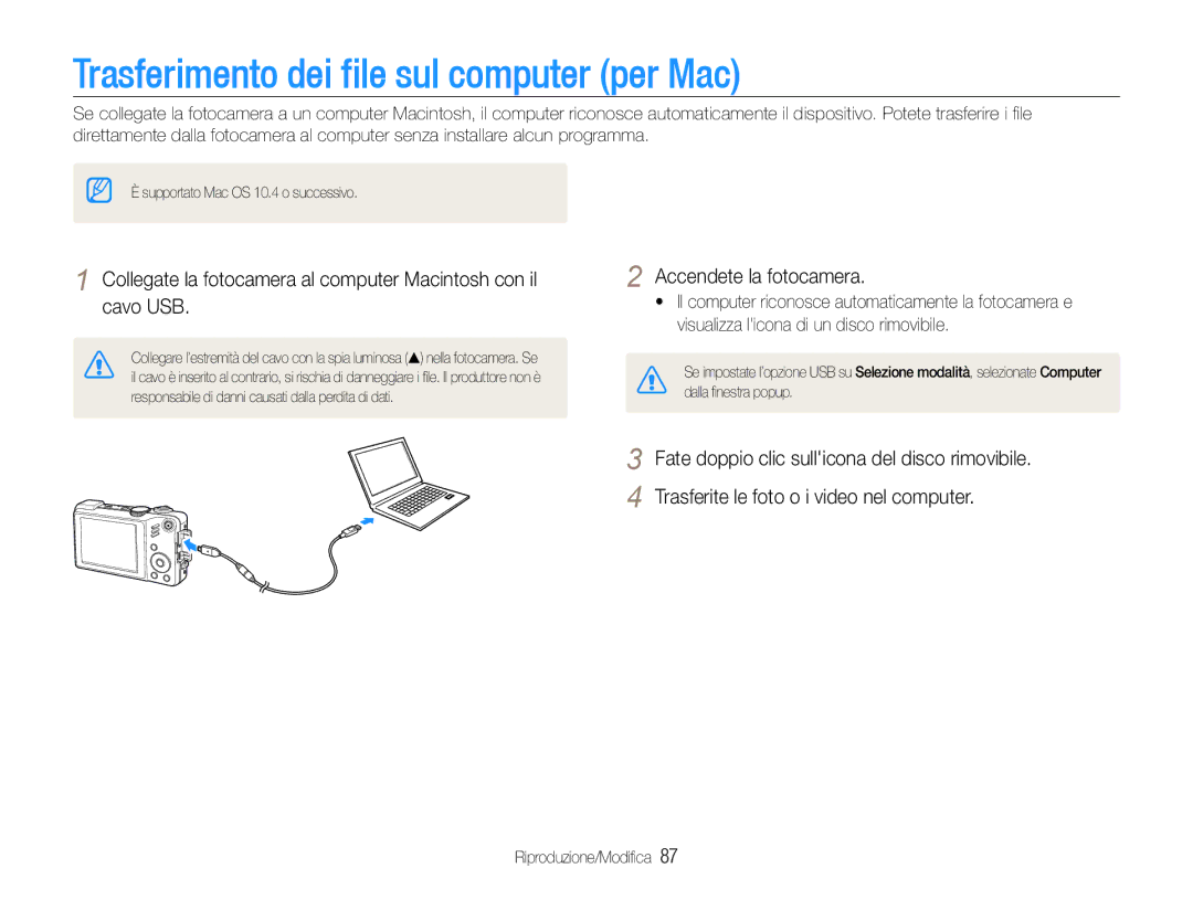 Samsung EC-WB650ZBPBE1, EC-WB650ZBPAE3, EC-WB650ZBPBIT, EC-WB650ZBPAIT manual Trasferimento dei file sul computer per Mac 