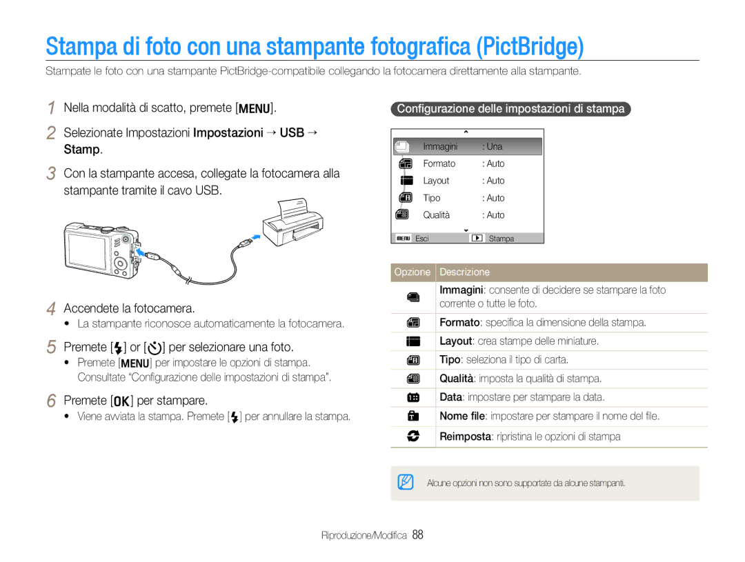 Samsung EC-WB650ZBPAE3 Stampa di foto con una stampante fotografica PictBridge, Premete F or t per selezionare una foto 