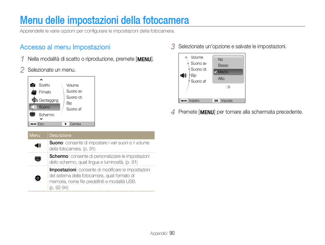 Samsung EC-WB650ZBPAIT Menu delle impostazioni della fotocamera, Accesso al menu Impostazioni, Menu Descrizione, Appendici 