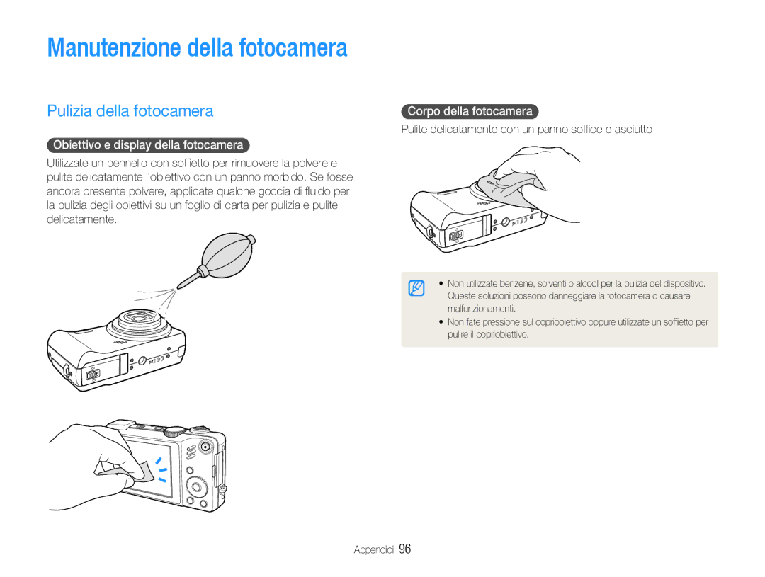 Samsung EC-WB650ZBPAE3 manual Manutenzione della fotocamera, Pulizia della fotocamera, Obiettivo e display della fotocamera 