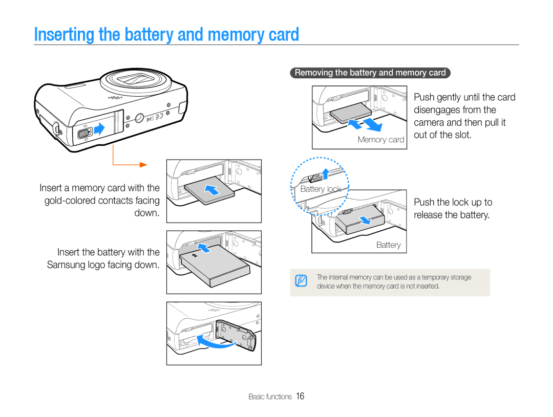 Samsung EC-WB650ZBPBVN manual Inserting the battery and memory card, Removing the battery and memory card, Battery lock 