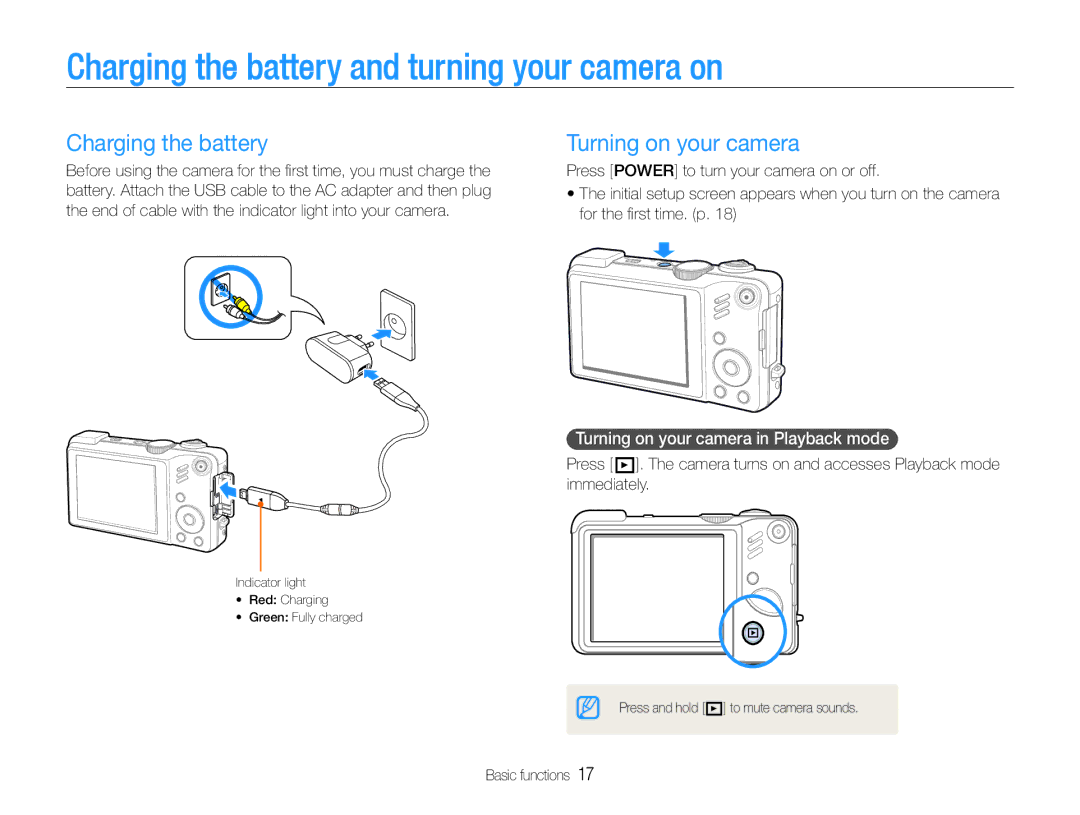 Samsung EC-WB650ZDDBTH, EC-WB650ZBPBE1 manual Charging the battery and turning your camera on, Turning on your camera 