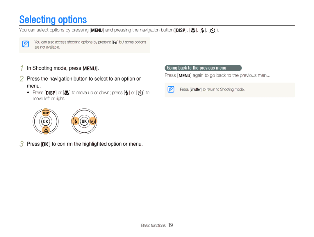 Samsung EC-WB650ZBPBE3, EC-WB650ZBPBE1 manual Selecting options, Press the navigation button to select to an option or menu 