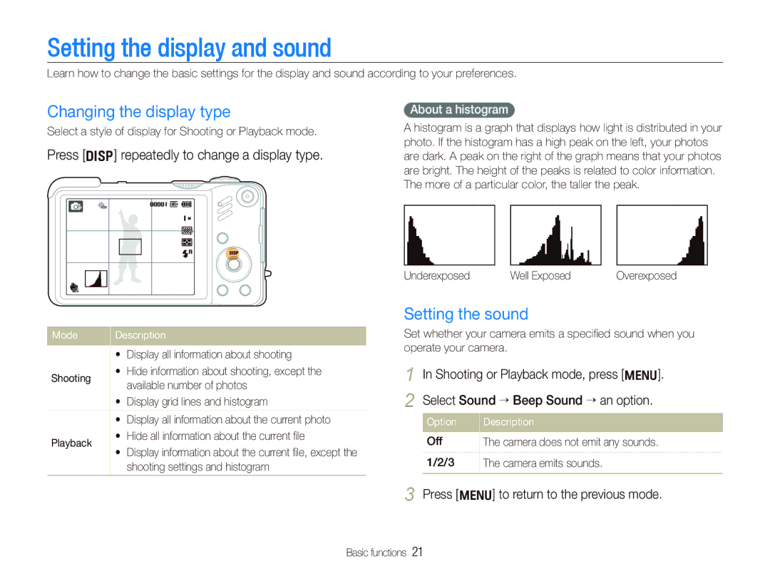 Samsung EC-WB650ZBPBE2, EC-WB650ZBPBE1 manual Setting the display and sound, Changing the display type, Setting the sound 