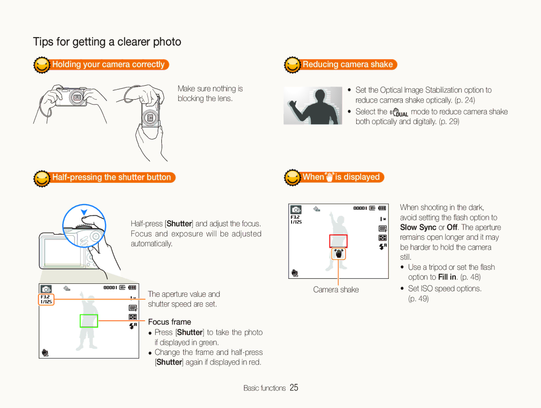 Samsung EC-WB660ZBDBE1 manual Holding your camera correctly, Reducing camera shake, Half-pressing the shutter button 