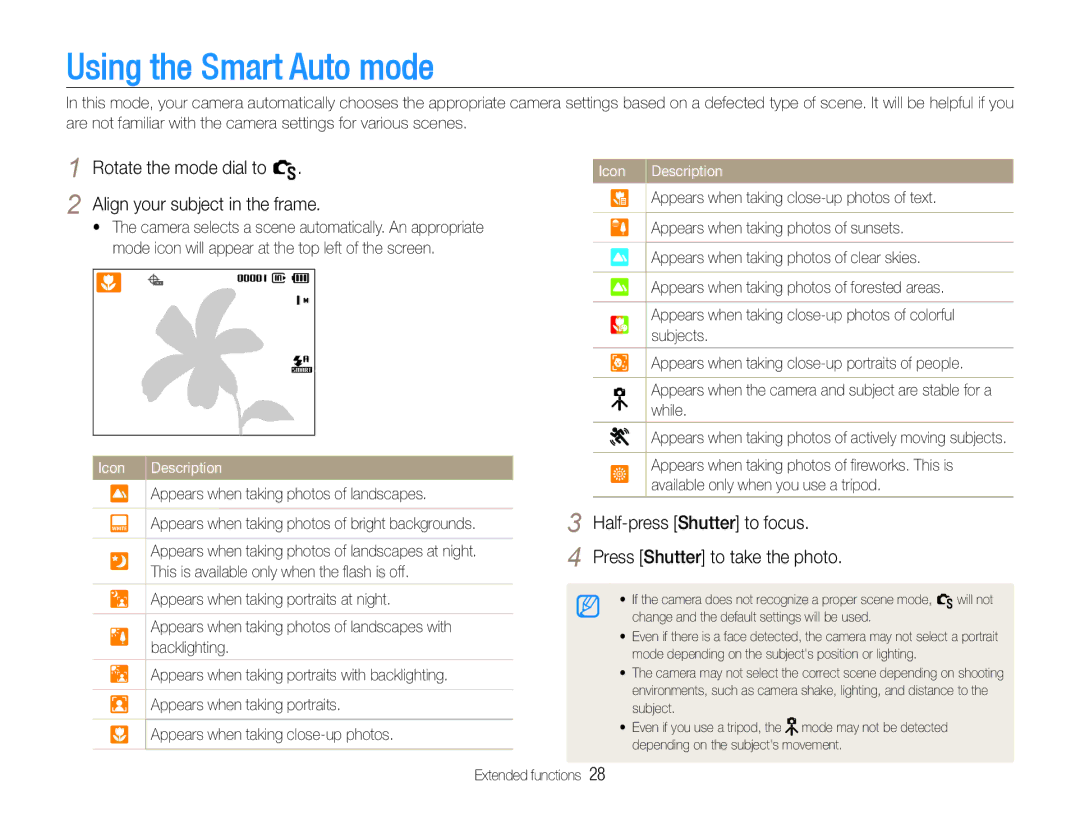 Samsung EC-WB650ZBPAIT manual Using the Smart Auto mode, Rotate the mode dial to S Align your subject in the frame 