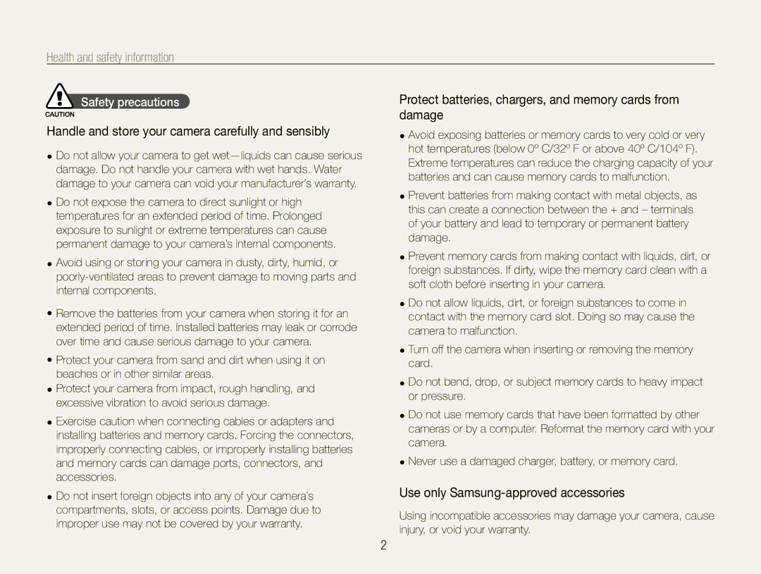 Samsung EC-WB650ZBPBIT manual Health and safety information, Damage, Handle and store your camera carefully and sensibly 