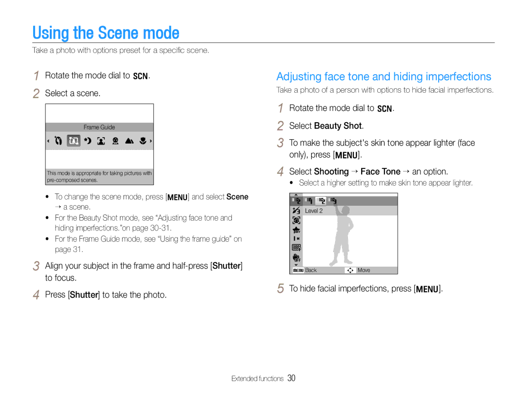 Samsung EC-WB650ZBPAE1, EC-WB650ZBPBE1, EC-WB660ZBDBE1 Using the Scene mode, Adjusting face tone and hiding imperfections 