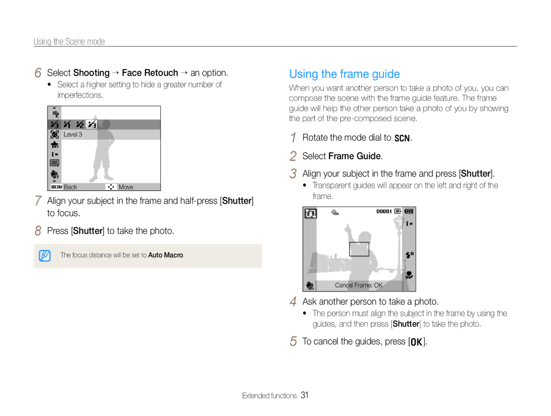 Samsung EC-WB650ZBPASA manual Using the frame guide, Using the Scene mode, Select Shooting ¢ Face Retouch ¢an option 