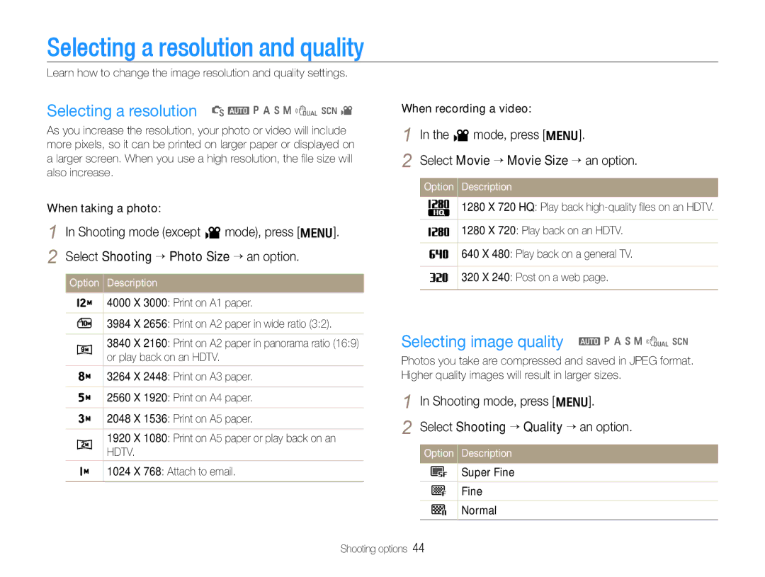 Samsung EC-WB650ZBPBE3, EC-WB650ZBPBE1 manual Selecting a resolution and quality, Selecting a resolution S a p a h n d s 