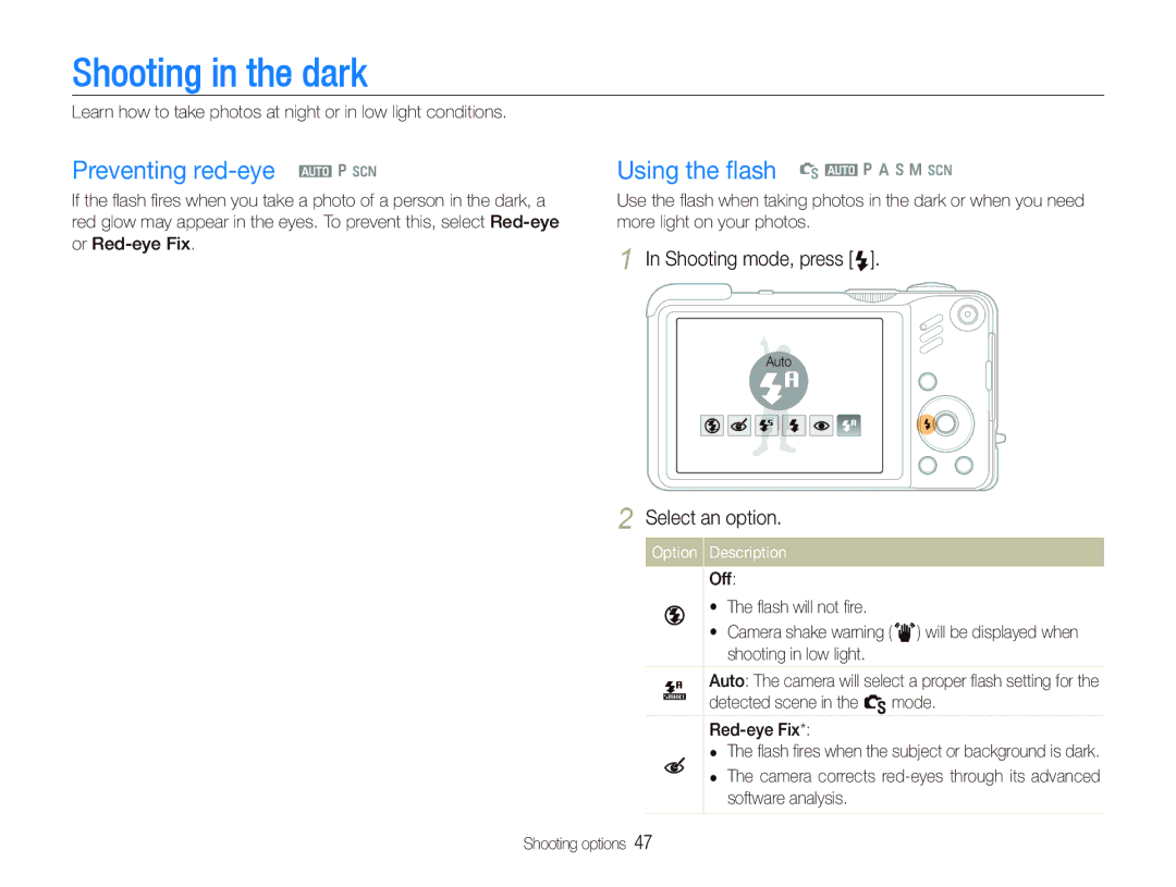Samsung EC-WB650ZBPARU, EC-WB650ZBPBE1 manual Shooting in the dark, Preventing red-eye a p s, Using the ﬂash S a p a h n s 