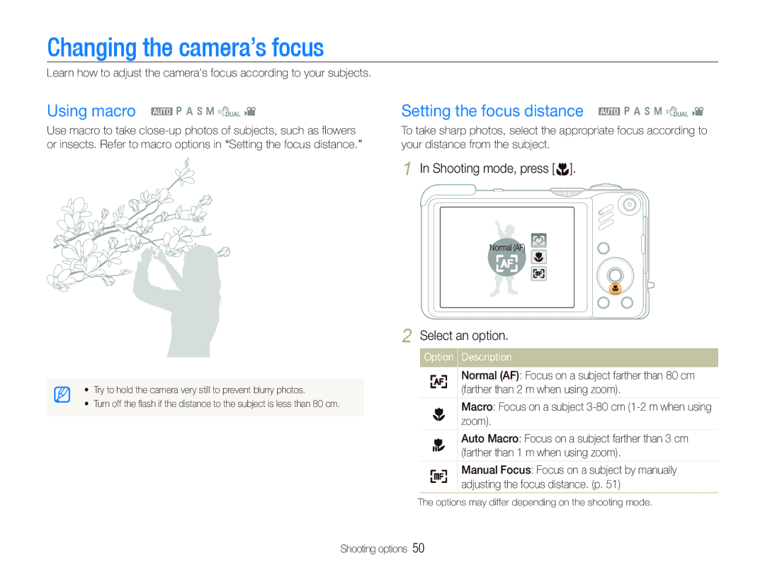 Samsung EC-WB660ZBDBE1, EC-WB650ZBPBE1, EC-WB650ZBPAE3 Changing the camera’s focus, Setting the focus distance a p a h n d 