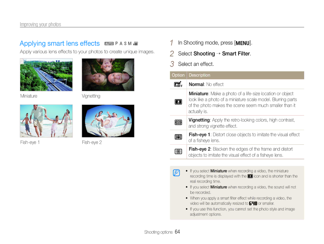 Samsung EC-WB650ZBPBIL, EC-WB650ZBPBE1, EC-WB660ZBDBE1 manual Applying smart lens effects a p a h n, Improving your photos 
