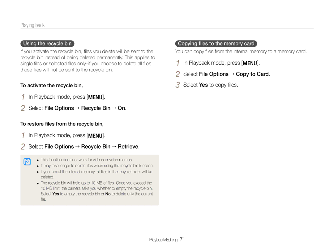 Samsung EC-WB650ZBPBE2 manual Using the recycle bin, Copying ﬁles to the memory card, To restore ﬁles from the recycle bin 