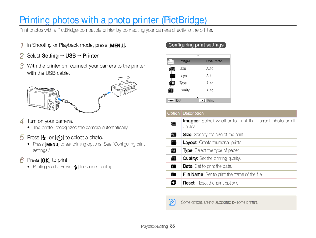 Samsung EC-WB650ZBPAIL Printing photos with a photo printer PictBridge, Press F or t to select a photo, Press o to print 