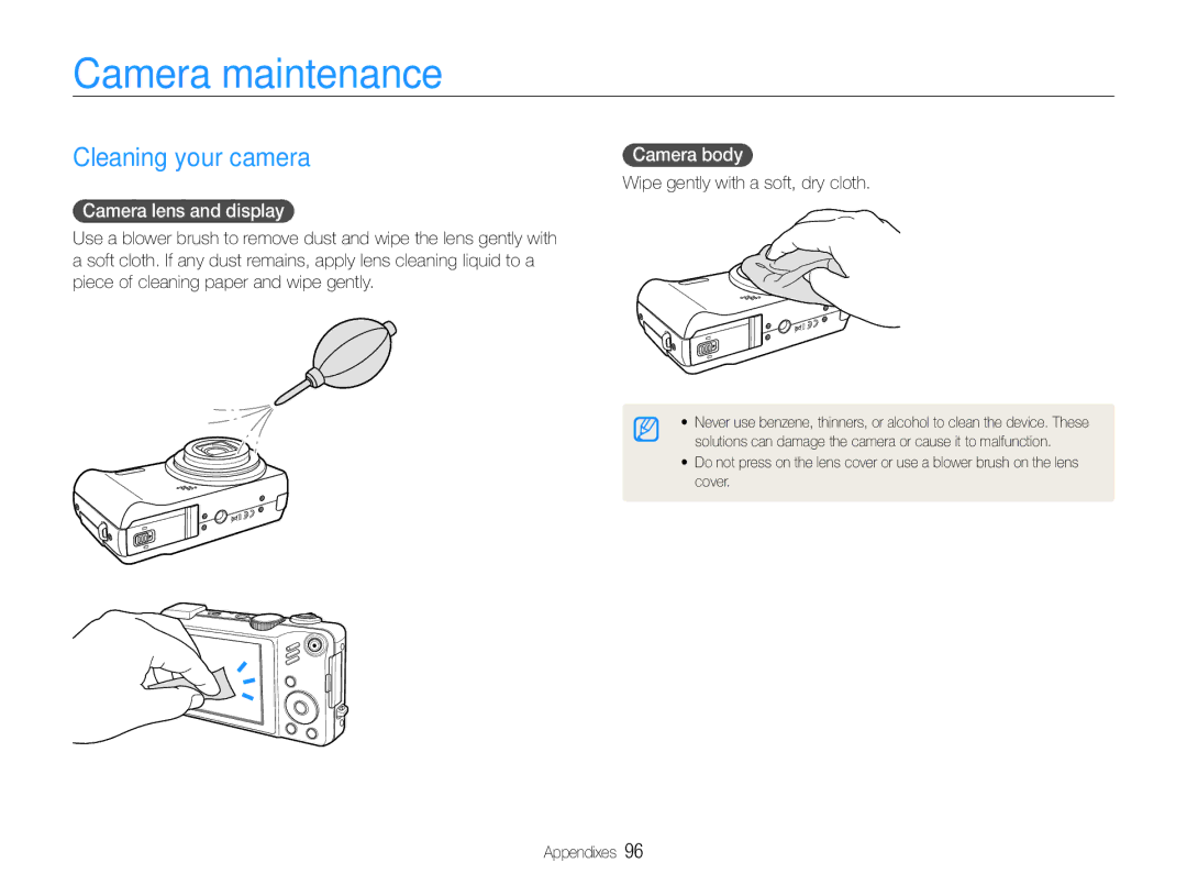 Samsung EC-WB650ZBPBE2, EC-WB650ZBPBE1 manual Camera maintenance, Cleaning your camera, Camera lens and display, Camera body 