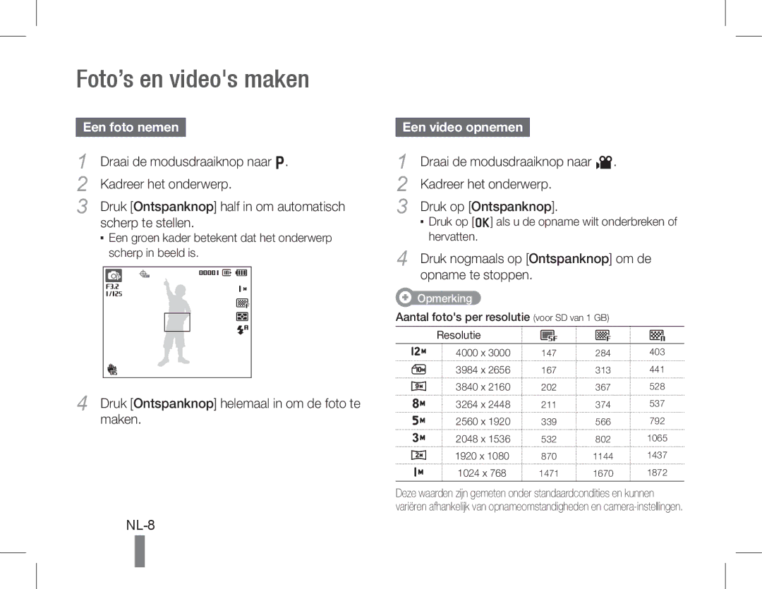 Samsung EC-WB650ZDPAME, EC-WB650ZBPBE1, EC-WB660ZBDBE1 manual Foto’s en videos maken, NL-8, Een foto nemen, Een video opnemen 