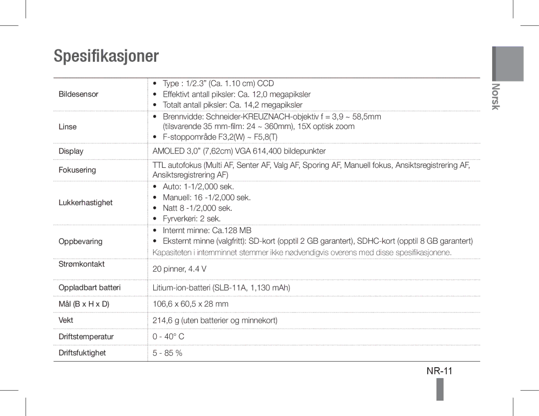 Samsung EC-WB660ZBDBE1, EC-WB650ZBPBE1, EC-WB650ZBPAE3, EC-WB650ZBPBIT, EC-WB650ZBPAIT, EC-WB650ZDPBAS Spesifikasjoner, NR-11 